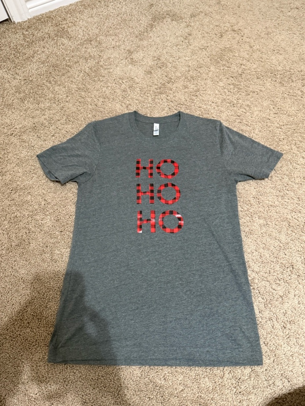 Bella Canvas Gray Tee with Red Plaid 'HO HO HO' Graphic